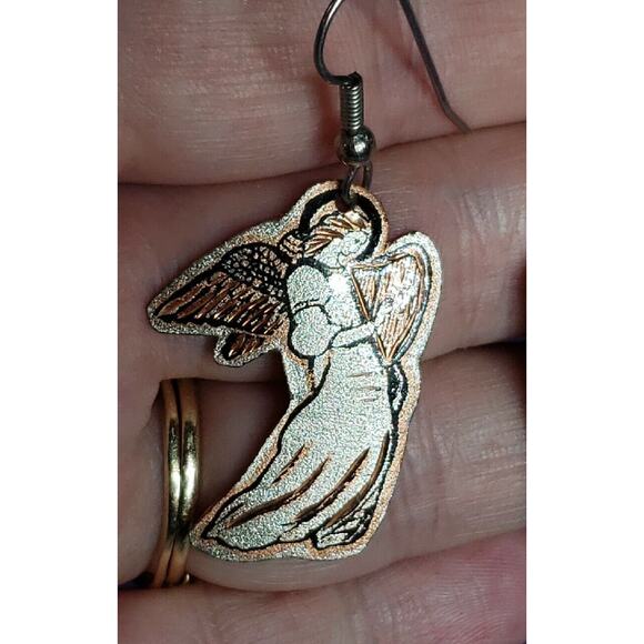 Copper And Silver Tone Angel Playing Harp Dangle Earrings, Lightweight Metal - Picture 8 of 10